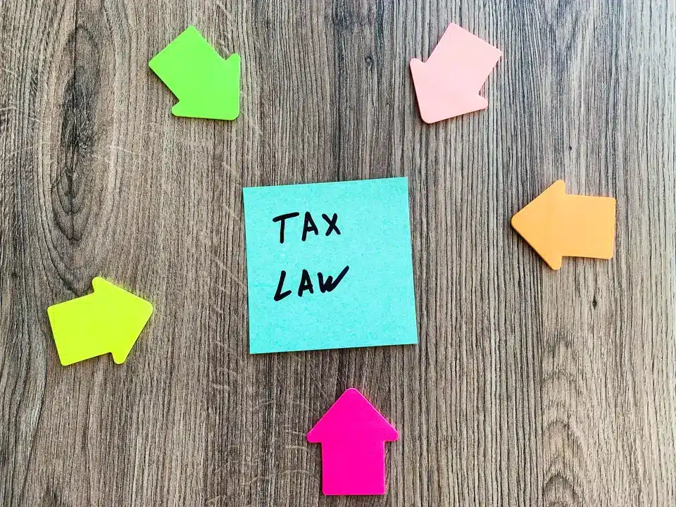 A creative layout with sticky notes and arrows on a wooden desk, showcasing a conceptual approach to understanding tax laws in Brazil.